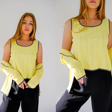 Vintage Escada Daffodil Yellow Textured Knit Cropped Tank Top w/ Black & White Geometric Trim | Tennis, Preppy | 1990s Y2K Designer Shirt 