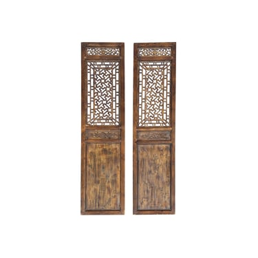 Pair Oriental Bats Floral Geometric Pattern Tall Wood Door Panel Screen ws3772E 
