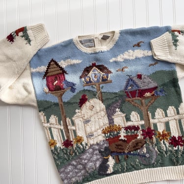 cute cottagecore sweater 90s vintage Northern Isles birdhouse garden cat granny sweater 