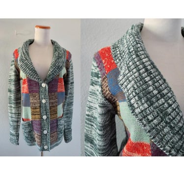 Vintage 70s Cardigan Sweater - Space Dye Checkered Design - Hippie Boho Cozy Fall Winter Knit - Size Medium 