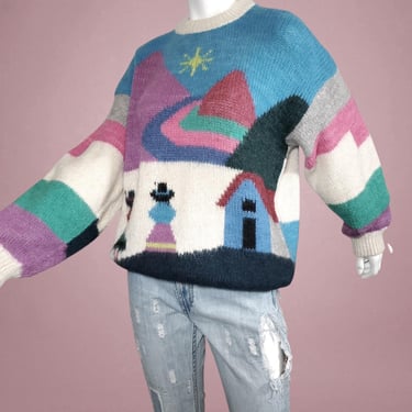 1970s Peruvian sweater vintage alpaca wool multicolor vibrant pastels folk art people graphics pullover crew oversized fit (OS) 