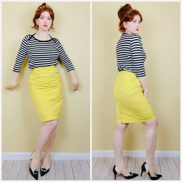 1980s Vintage Mexx Yellow Polka Dot Denim Skirt / 80s High Waisted Rockabilly Zip Dot Pencil Skirt / Small 