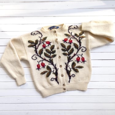 cottagecore sweater 90s vintage Tulchan cream floral wool hand knit cardigan 