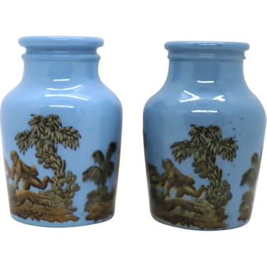 1860's Antique Pair of English Prattware Pottery Transferware Blue Potted Meat Jars Crocks 