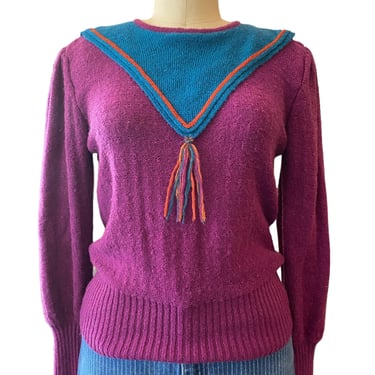 1980s sweater, purple knit top, vintage jumper, puff shoulders, bib neck, Italian designed, wool pullover, medium, preppy style 