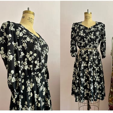 1980's Size 10/12 Black Floral Office Dress 