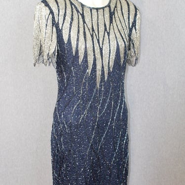 1980s SCALA Beaded Cocktail Dress - Silver Beaded Party Dress - Cocktail Party - Formal, Black Tie, Evening Dress 