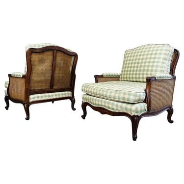 Pair Of Louis XV Country French Provincial Walnut Double Cane Bergere Armchairs 