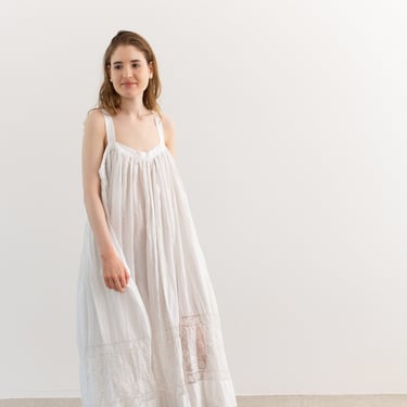 Vintage White Cotton Lace Panel Float Dress | Antique Square Neck Summer Slip Nightgown | S M | 
