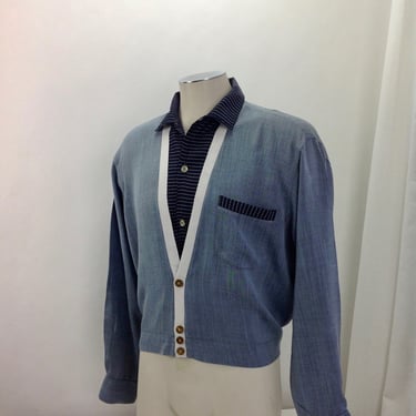 1950's Shirt-Jack / Tri-Tone Rayon / Slash Pocket / DUNHILL LABEL / Metal Buttons / Men's Size Large 