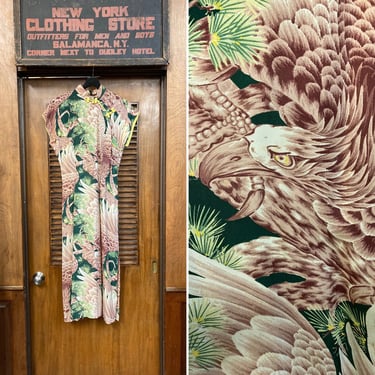 Vintage 1940’s Eagle Print Crepe Asian Cheongsam Hawaiian Dress, Vintage Cheongsam, Vintage Hawaiian Dress, 1940’s Dress, Tiki Dress 