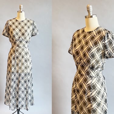 1920's Cotton Day Dress / 20's Black and White Voile Dress / 1920's Lawn Dress / Size XS Extra Small 