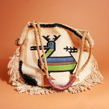 70s Cream Aztec Pattern Knitted Bag Vintage Ethnic Print Shoulder Fringe Bag 