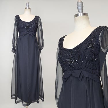 1960s Gown / Beaded Gown / Chiffon Gown / 1960s Party Dress / 1960s Eveningwear / Size Small Medium 