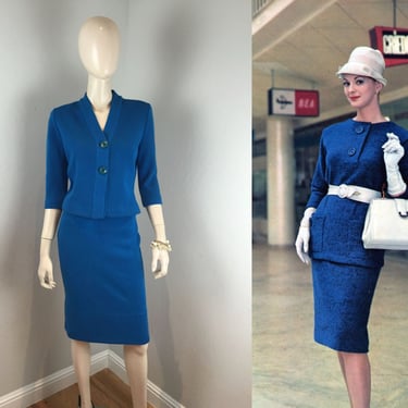 Curvy On Arrival - Vintage 1950s 1960s Glasgo Cyan Blue Wool Top & Skirt Set - S 