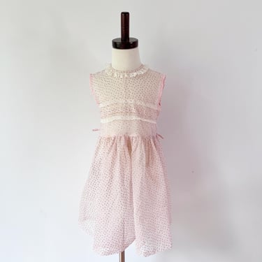 RESCUE ME! 1950s Sheer Girls Dress / Vintage Pink Gold Dot Little Girls Dress / 4T 3T Girls Lace Party Dress 