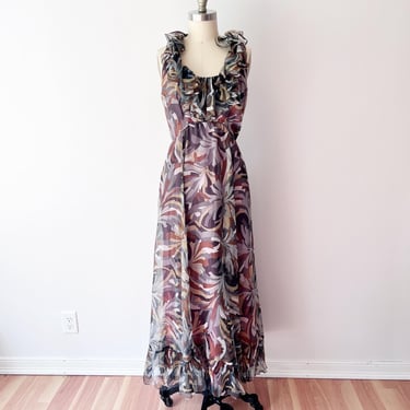 SIZE S/M Vintage 70s Geometric Maxi Dress - Ruffle Chiffon Dress - Floor Length Purple and Gray Dress Ruffle Front Jack Bryan Designer 