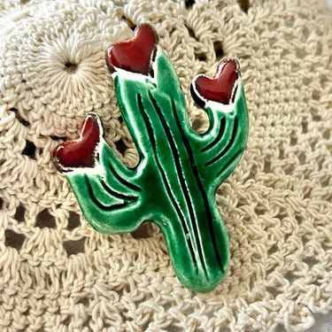 Artsy Cactus Brooch, Ceramic Pin, Cacti, Hearts, Vintage Brooch, Hand Painted Jewelry 