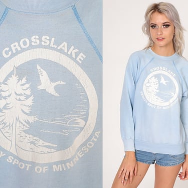 Crosslake Minnesota Sweatshirt 80s Baby Blue Sweater Bird Duck Lake Graphic Shirt Tourist Raglan Sleeve Pastel Vintage 1980s Extra Small xs 