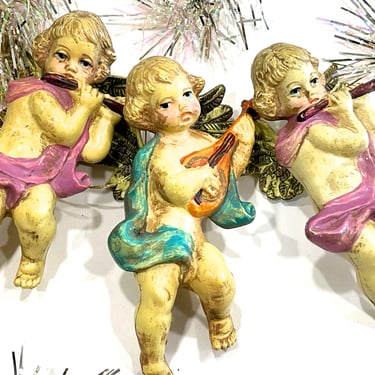 VINTAGE: 3 Blown Plastic Angel Cherub Ornaments - Musical Angels - Christmas Ornaments - Leather Tree - SKU Tub-392-00033788 