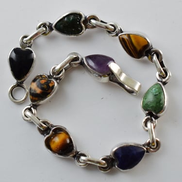 80's Mexico sterling & stones elongated hearts bracelet, Taxco TR-?? 925 silver primitive Modernist links 