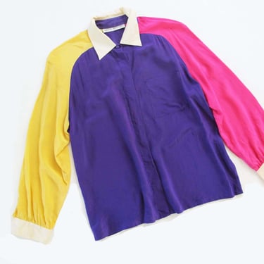 Vintage Silk Color block Blouse S M - 80s 90s Purple Pink Yellow Long Sleeve Patchwork Silk Button Up Top - Colorful Bold 