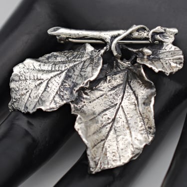 60's Danecraft sterling grape leaves & branch brooch, realistic mid-century 925 silver leaves pin 