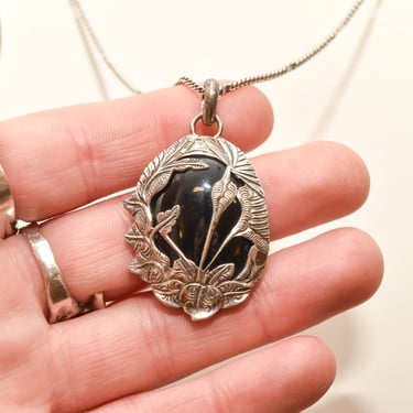 Sterling Silver Black Onyx Pendant Necklace, Beautiful Leaf Motifs, Valentines Day Gift, 30.75