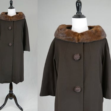 60s Brown Fur Collar Coat - Frances Shop, South Bend - Vintage 1960s - L XL 