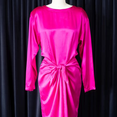 Shocking Pink 80s 100% Silk Tie Front Dress by A.B.S Dress Collection 