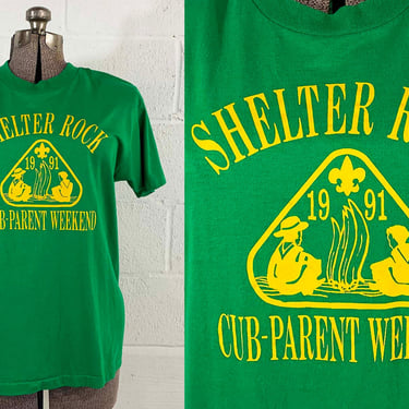 Vintage T-Shirt 90s Screen Stars Cub Scouts Single Stitch Short Sleeve Green Tee Shirt Yellow 1991 Camp 1990s Shelter Rock Large XL 