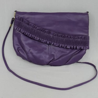 Vintage Purple Leather Purse - Ruffle Trim - Clutch or Shoulder Bag - 1970s or 1980s Handbag 