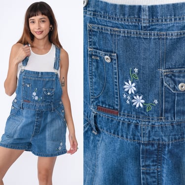 Floral Denim Shortalls Y2K Embroidered Overall Shorts Blue Jean Pinafore Bib Romper Summer Retro Hippie Boho Vintage 00s Route 66 Large 