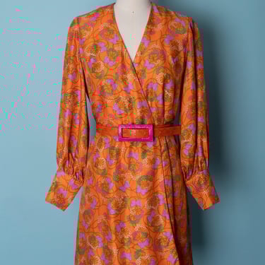 Butterfly Print 1960s Orange Wrap Dress with Bishop Sleeves 