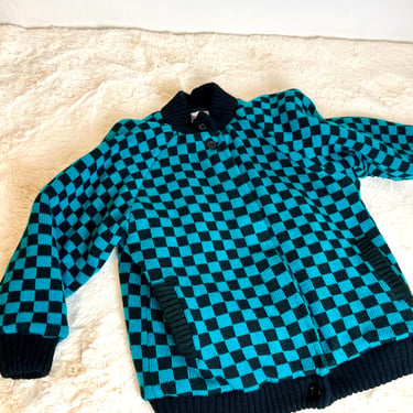 vintage checkerboard jacket / button up puffer / 80s 90s jacket / 80s 90s sweater / new wave  / checker sweater / size 14 size 16 size 18 