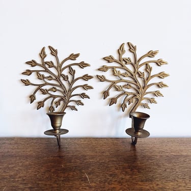 Vintage Indian Brass Tree of Life Candle Sconces - Pair 