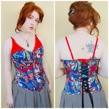 Y2K Blue and Maroon Swirl Cotton Bustier / Vintage Abstract Psychedelic Lace Up Back Corset / Size Small - Medium 