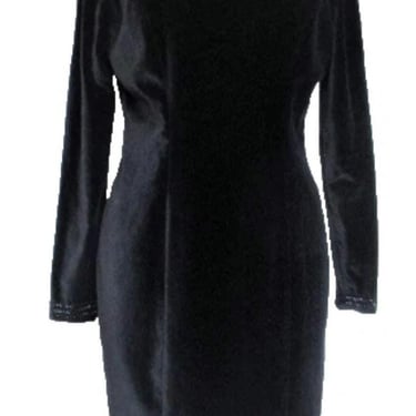 Black Velvet Dress, Laura Ashley, Vintage 1980s, Sheath Dress, Medium Women, Bead Trim 