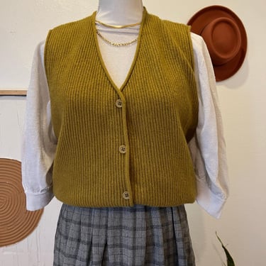 Soft Wool Ribbed Knit Button Front Golden Tan Sweater Vest - S/M Unisex 