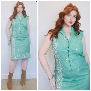1960s Vintage Tesoros Green Ramie Shift Dress / 60s Mod Floral Embroidered Dress / Size Large 