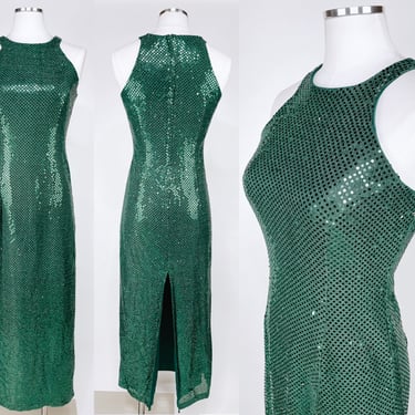 Vintage 80s-90s Form Fitting Dark Forest Green Sequin Dress by All That Jazz USA XS/S | Holiday, Christmas, Cocktail Party, Performer, Drag 