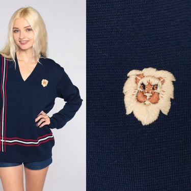 Navy Lion Sweater 80s Blue Embroidered V Neck Knit Pullover Sweater Red White Striped Jumper Retro Preppy Acrylic Vintage 1980s Medium Large 