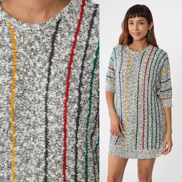 80s Sweater Dress Grey Striped Flecked Rainbow Dress Knit Mini Dress 1980s Vintage Short Dolman Sleeve Medium 
