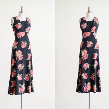 90s black floral maxi dress | 30s style pink peony floral bias cut sleeveless vintage slip dress 