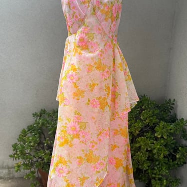 Vintage Maxi dress orange pink floral polyester chiffon Sz M/L 
