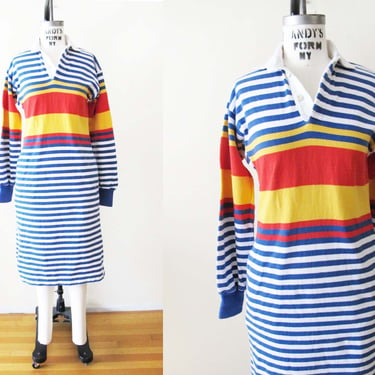 Vintage Lands End Womens Rugby Dress S - 1980s Blue Yellow Red Striped Long Sleeve Polo Cotton Midi Dress - Preppy Style 