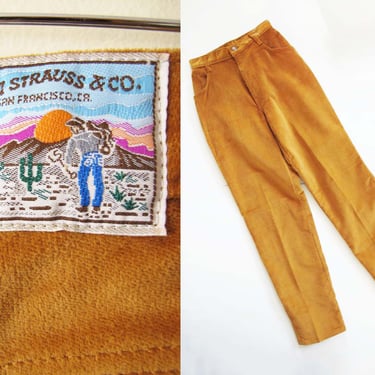 Vintage 70s Levi's Cowboy Velvet High Waist Pants 25 XS - 1970s Gold Brown Tapered Leg Levi's Western Pants Cactus Back Patch 