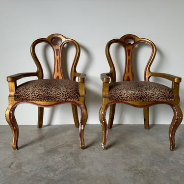 Hollywood Regency Giltwood Accent Chairs with Leopard Upholstery - Pair 