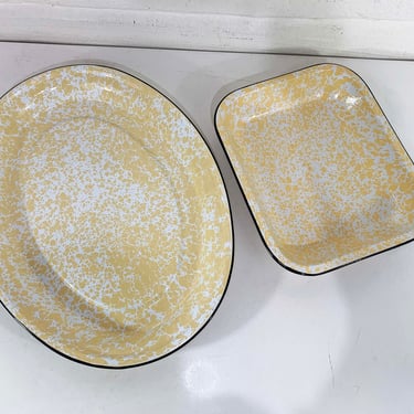 Vintage Yellow Enamel Serving Plates Rustic Camping Mottled Swirl Butter Black Edges Graniteware Enamelware Retro Dishes Kitchen 