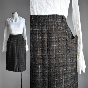 1940s Brown Plaid Wool Pencil Skirt 